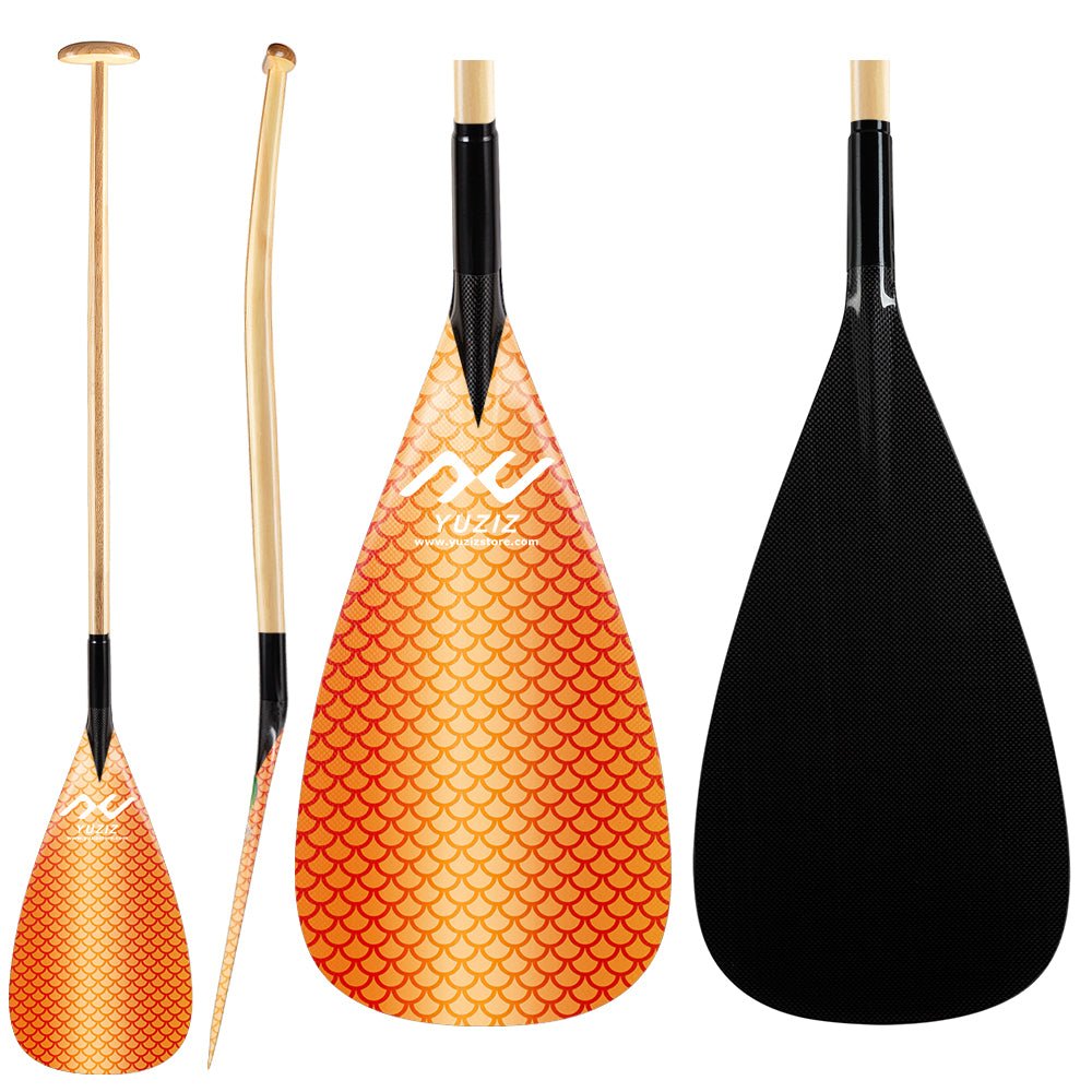 YUZIZ Outrigger Canoe Paddle Carbon Fish Scales Blade Bent Wooden Shaft for Waka Ama, va’a - YUZIZ