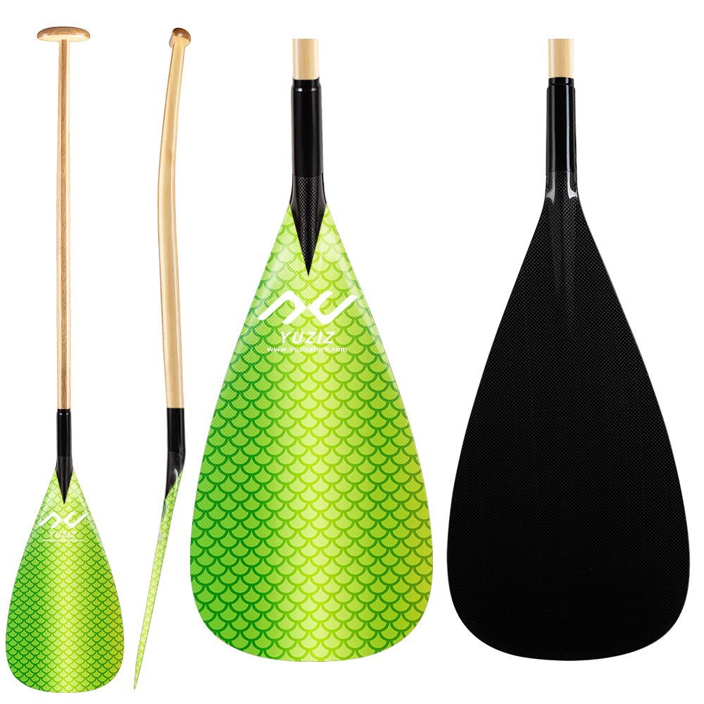 YUZIZ Outrigger Canoe Paddle Carbon Fish Scales Blade Bent Wooden Shaft for Waka Ama, va’a - YUZIZ