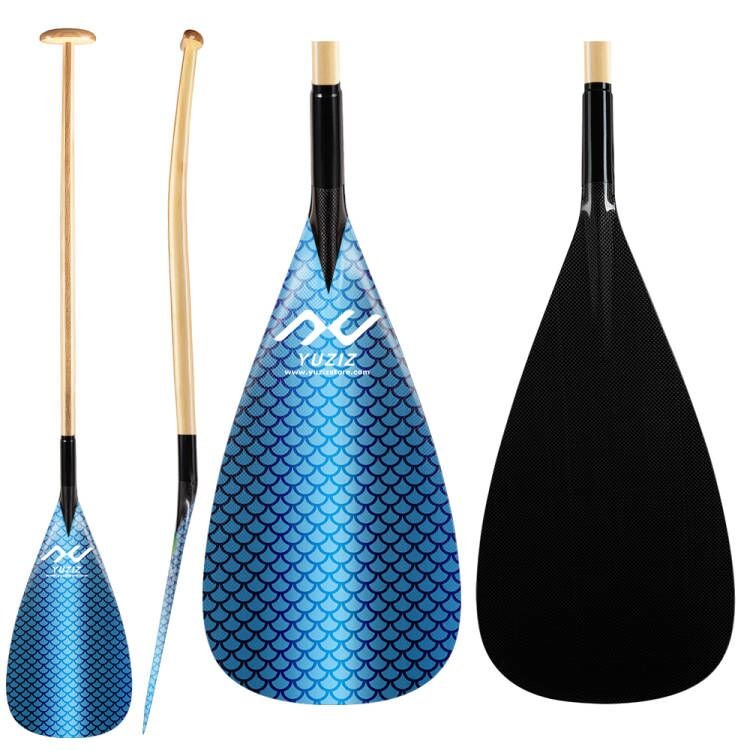 YUZIZ Outrigger Canoe Paddle Carbon Fish Scales Blade Bent Wooden Shaft for Waka Ama, va’a - YUZIZ