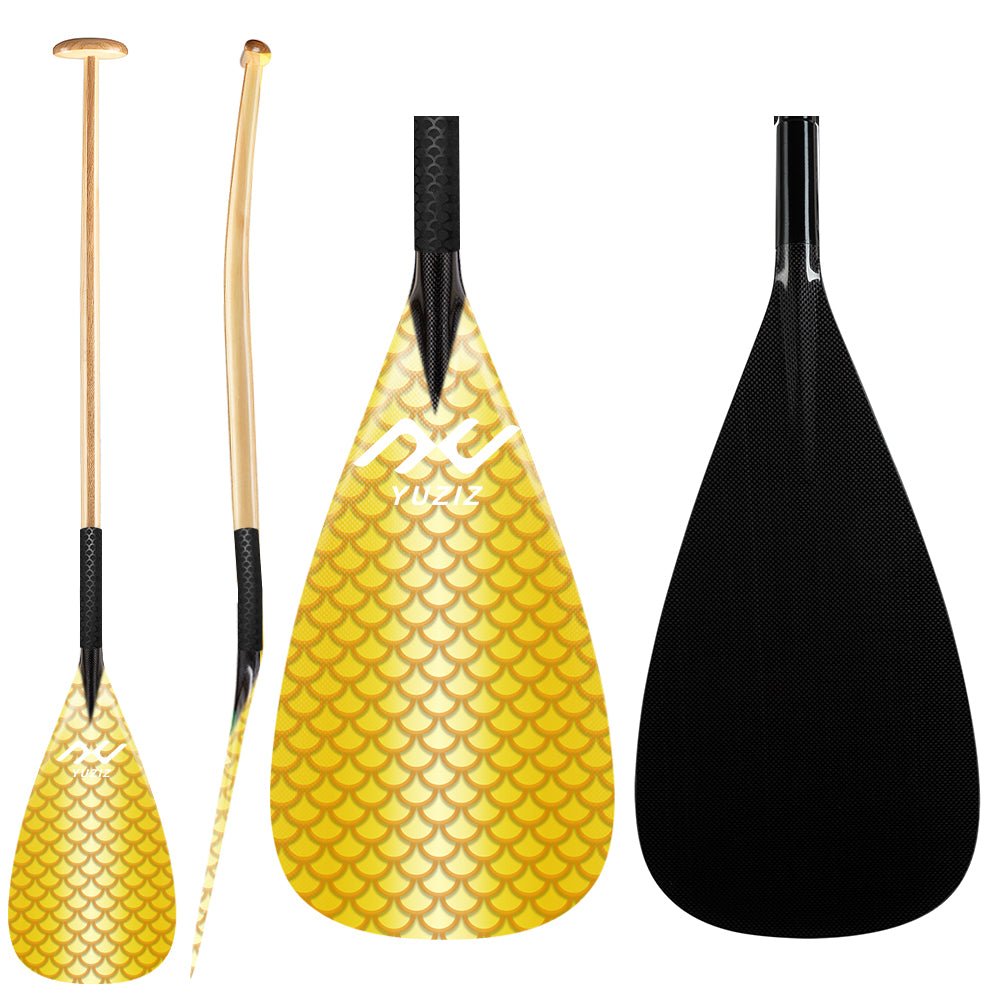 YUZIZ Outrigger Canoe Paddle Carbon Fish Scales Blade Bent Wooden Shaft for Waka Ama, va’a - YUZIZ